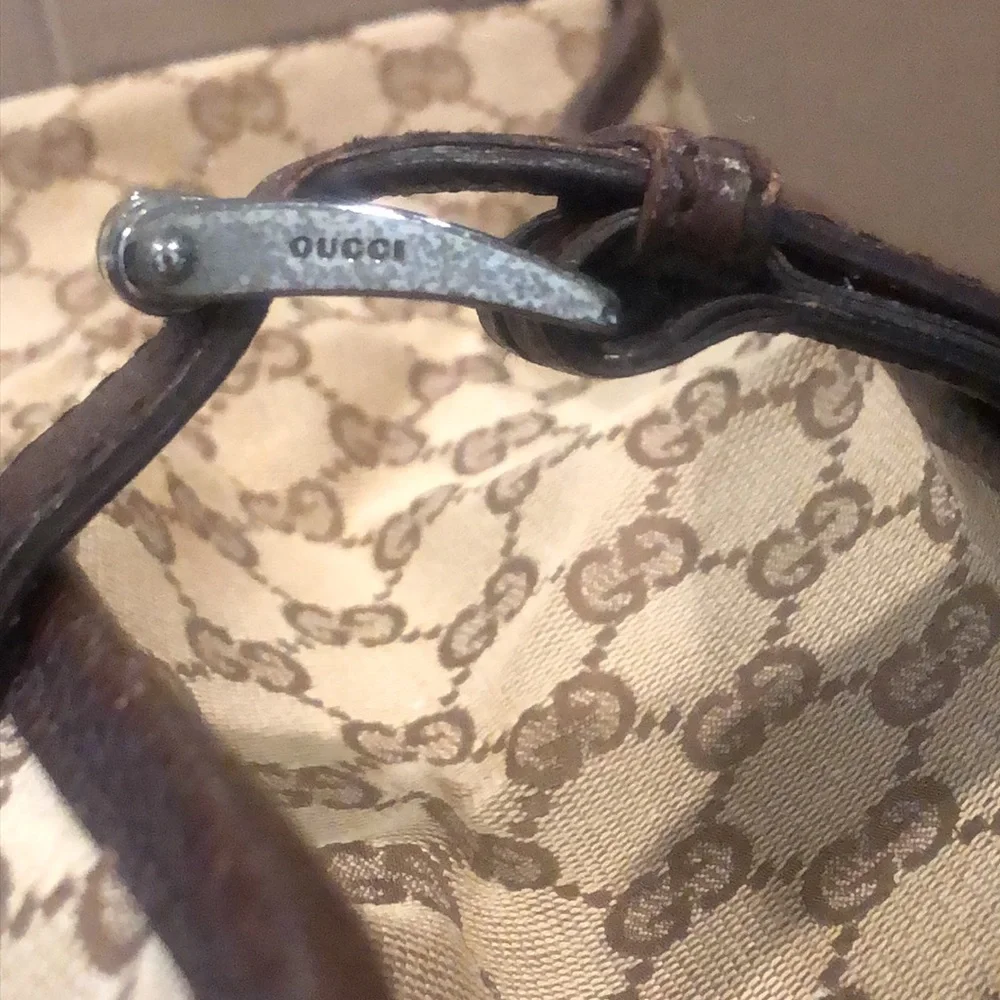 GUCCI GG Monogram Brown Leather Rolled Top Handle Oversized Laptop Tote Bag